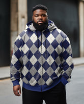 Men's Plus Size Fashion Diamond Check Zip Up Hoodie with Pocket